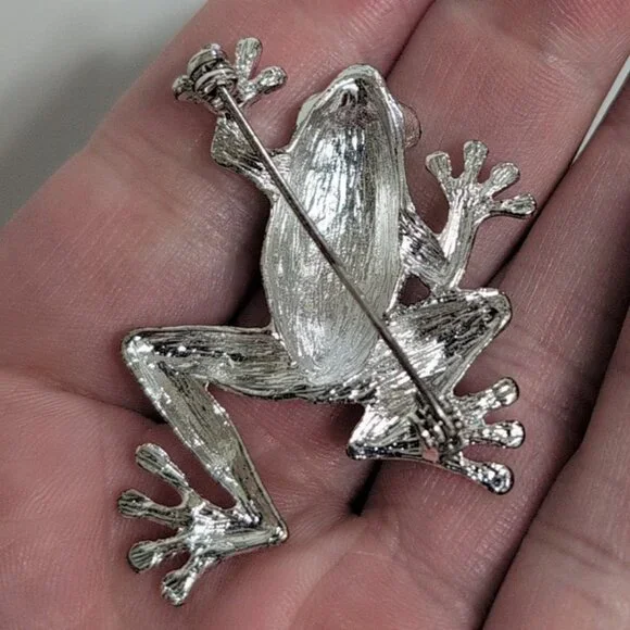 Rhinestone & Silver Frog Toad Brooch - Picture 2 of 4